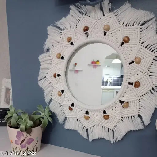 ALIF CREATIONS  Macrame Wall Mirror with Boho Fringes, Round Antique Mirror Frame Art, Bohemian Handmade Decor for Apartment, Living Room, Bedroom, Entryways