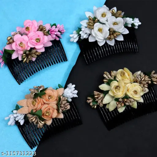 Acrylic Comab and Cloth Flower Hair Clip Comb For Girls (Pack of 4)