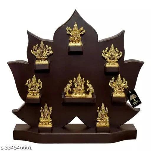 Ashta Lakshmi Set with Wooden Table Frame Gold Color Idol Height 2 Inches (13.75" x 14" x 3")