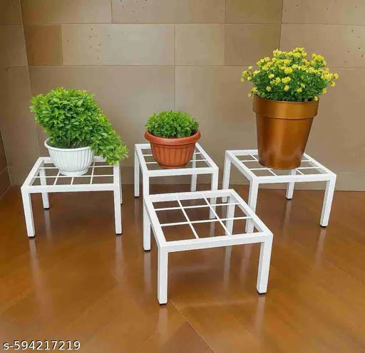White Metal Plant Stand for Pots, Heavy Duty Flower Pot Stand, Iron Plant Stand for Indoor & Outdoor, Decorative Plant Pot Holder Rack, Garden Planter Stand for Balcony & Home, Square Metal Plant Holder, Plant Pot Riser Stand with Foot Caps, Strong Iron F