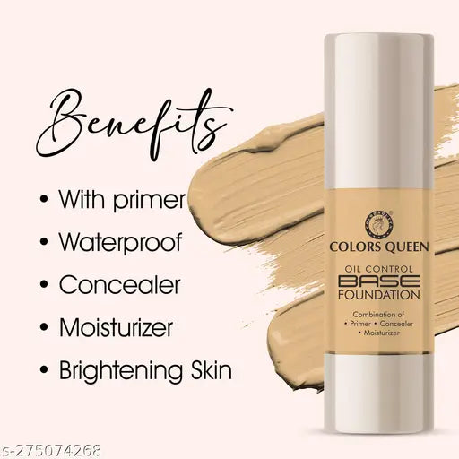 Colors Queen Oil Control Base Foundation with Combination of Primer, Concealer, Moisturizer (Natural Almonds, 30ml)
