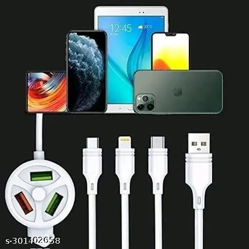 6 IN 1 Extended Fast Charging USB Data Cable 3 Plug And 3 USB Port For All Mobiles And Tablets