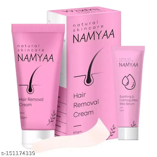 Namyaa Hair Removal Cream 60gm For Intimate Skin with After Wax Soothing Serum with Vitamin C Cream 15gm | Suitable For Bikini, Underarms, Legs & Arms Hair Removal |For Men & Women |Ultra Soft & Smooth Skin|Removes Hair in just 5Minutes