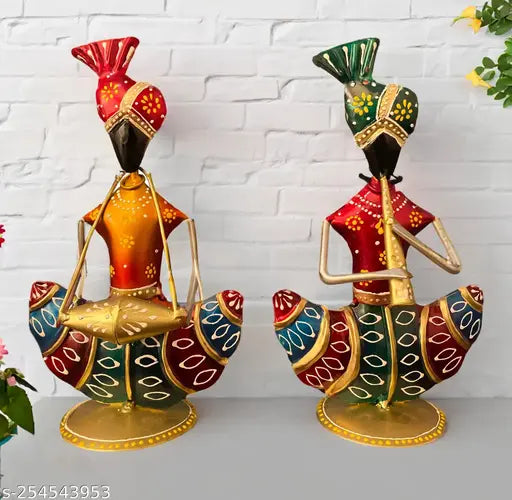 Iron Handpainted Rajasthani Musician Showpiece Set for Home Decor – 9 Inch (Set of 2)