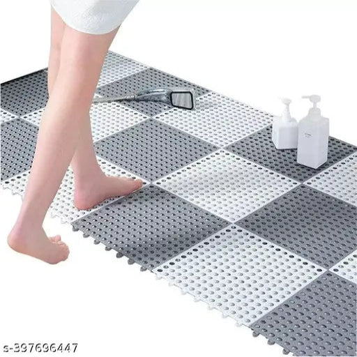 Interlocking Non Slip Drainage Tiles 12 x 12 Inch Soft PVC Waterproof Floor Mat Non Slip Rubber Bath Mat (White 4 + Grey 4)