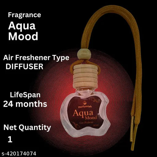 Car Freshener Aqua Mood with Essential Oils Fragnance in Glass Bottle with Wooden Diffuser Lid