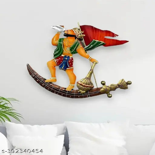 METAL LORD HANUMAN ON SWORD LED WALL DECOR ANTIQUE SCULPTURE