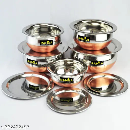 Ramila Stainless Steel Copper Bottom Handi Kitchen Serving & Cookware Bowl Cooking Bowl Handi Set 5-Pieces Biryani Handi Set-Capacity 1500ml,1000ml,750ml,500ml,300ml