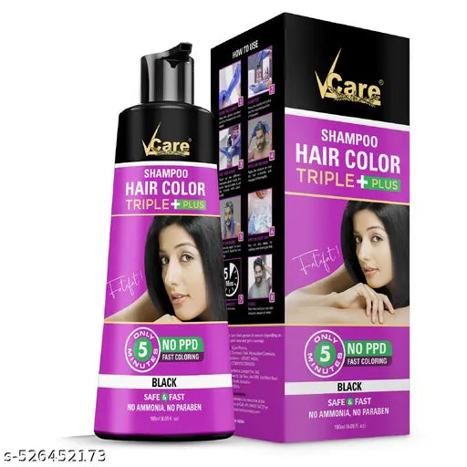 V Care Shampoo Hair Colour Shampoo-Black 180ml for Women and Men