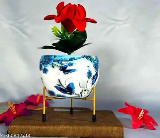 E-Seller Multicolour Metal Pot with Stand, Rust-Free Powder Coating, Indoor Outdoor Use, Home Office Decor, Plants Not Included, Pot Size: 10 * 13cm, Stand Height: 7.5cm