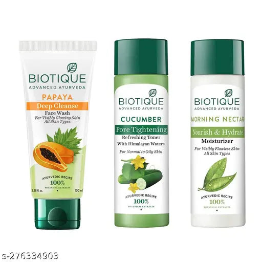 Biotique Skin Care CTM Regime Combo (Papaya Facewash 100ml,Cucumber Toner 120ml & Morning Nectar Moisturizer 120ml)