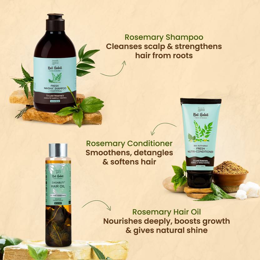 Nat Habit Rosemary Hair Oil, Shampoo and Conditioner Combo | 3-in-1 Complete Hair Care Kit (3 Items in the set)