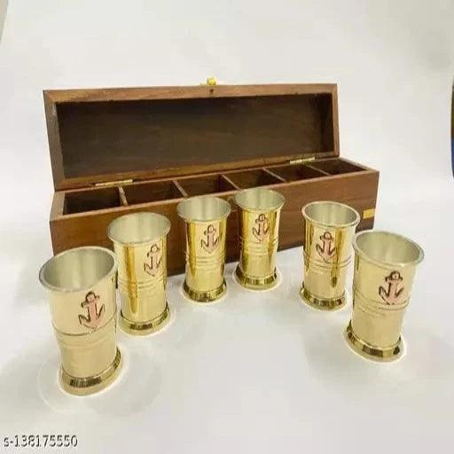 Present Set of 6 Solid Brass Wine Whisky Vodka Shot Glass Anchor Design 2 inch Height with Wooden Box (Royal Gold) - Springkart 