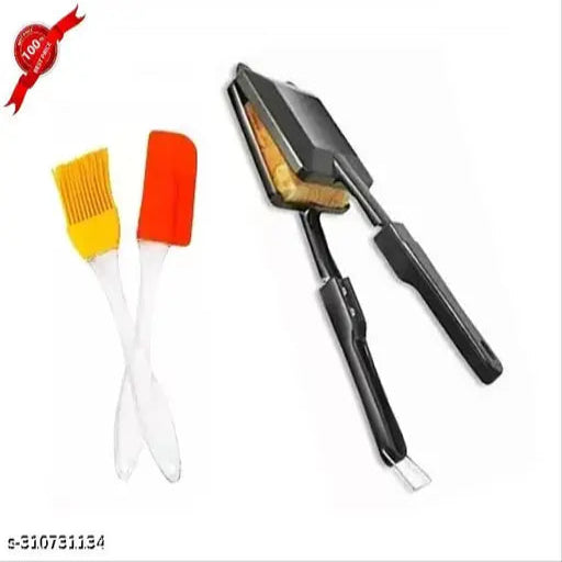 Non Stick, non electric, sandwich maker Coated Gas Toaster (Black) with silicone oil basting brush with silicone sptula set
