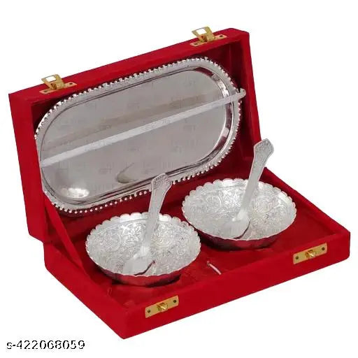 DECORATIVE BOWL SET WITH RED VELVET BOX (2BOWL:2SPOON:1TRAY) SIZE OF BOWL 3.5INCH  Diwali GIFT !!!