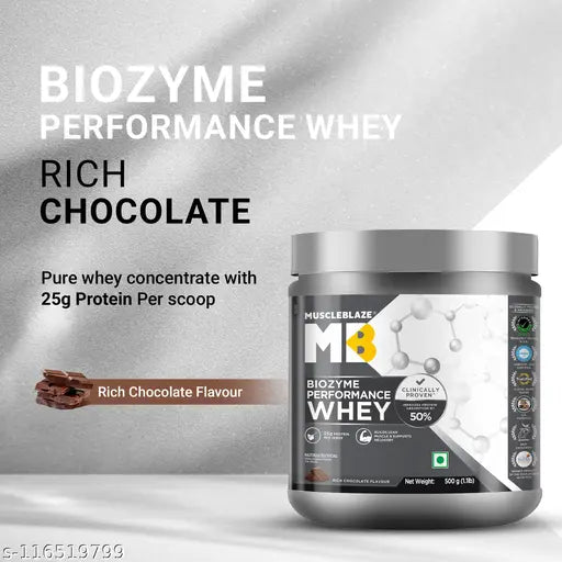 MuscleBlaze Biozyme Performance Whey Protein Powder | 500 g/1.1 lb | (Rich Chocolate) Clinically Tested 50% Higher Protein Absorption | Informed Choice UK, Labdoor USA Certified & US Patent Filed EAF® |