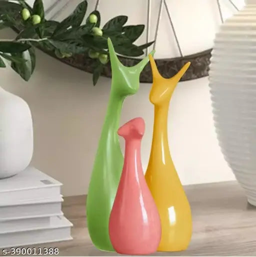 EARTHYSTONE Modern Lucky Deer Family Set – Elegant Ceramic Decorative Statues with Piano Finish – Yellow, Pink & Green – Home & Office Table Décor – Gift Showpiece (Set of 3)