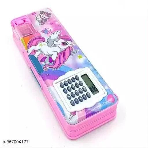 AMB 1 Pcs calculator geometry, Dual Sharpener With Calculator, Double sided Unicorn Art Plastic Pencil Box - Springkart 