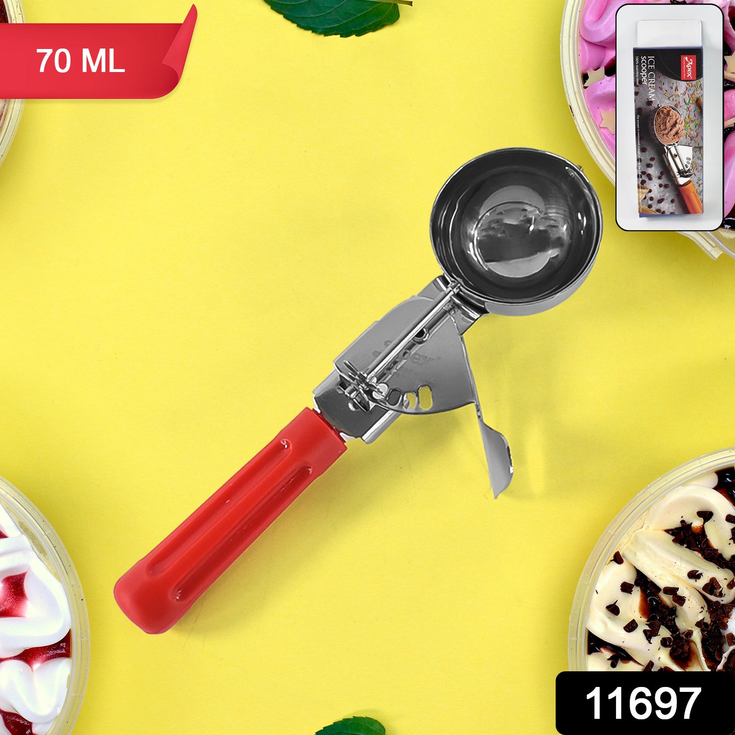 Apex Ice Cream Scoop 70 Ml Stainless Steel Head With Ergonomic Handle (1 Pc) - Springkart 