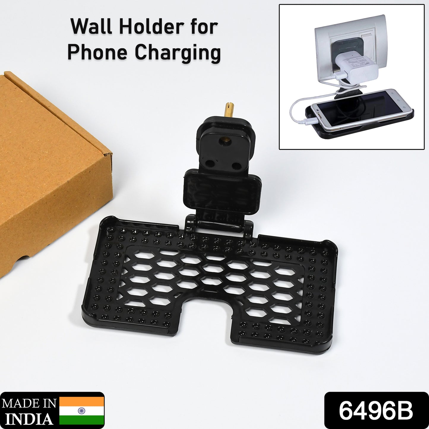 6496b Multi-purpose Wall Holder Stand For Charging Mobile Just Fit In Socket And Hang ( Black ) - Springkart 