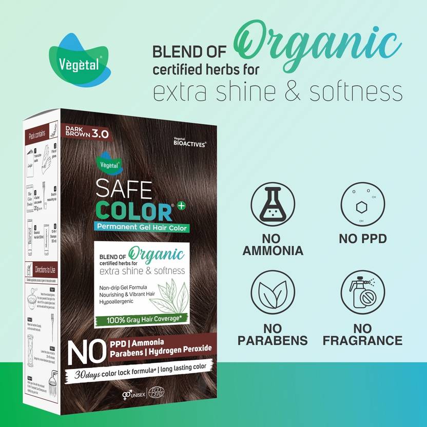 VEGETAL Safe Color Permanent Gel Hair Colour, Chemical-Free, 100% Grey Coverage , Dark Brown 3.0, 70ml.