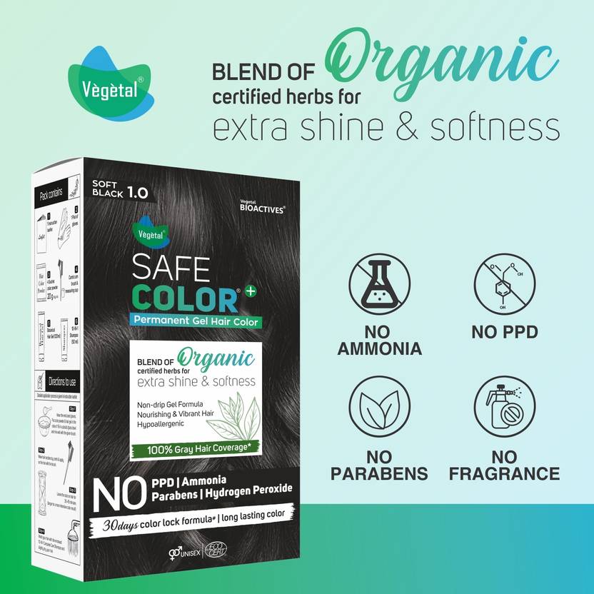 VEGETAL Safe Color Organic Permanent Gel Hair Colour, Soft Black 1.0-190ml. , Soft Black 1.0