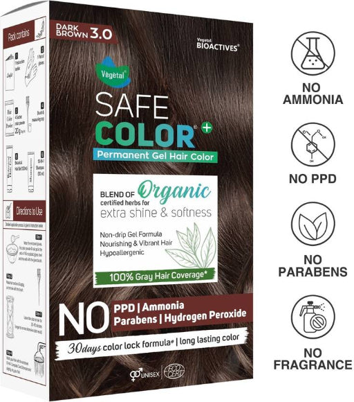 VEGETAL Safe Color Permanent Gel Hair Colour, Chemical-Free, 100% Grey Coverage , Dark Brown 3.0, 70ml.