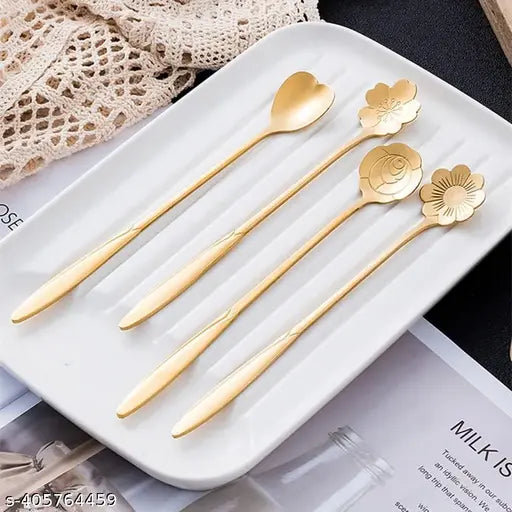 Golden Spoons, Coffee Spoon, Flower Teaspoons, Desserts Spoons,(Set of 4 PCS Gold),(18 centimeter) Diwali Gift