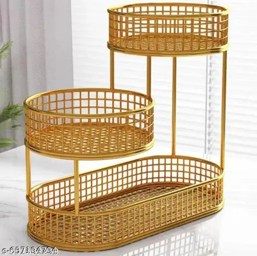 Option 1 (Focus on shape): Stylish Gold Metal 3-Tier Oval Fruit & Vegetable Storage Basket for Kitchen Counter