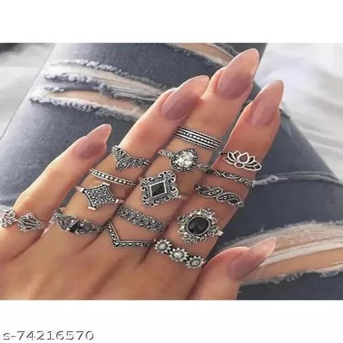 embley Silver Plated 15 Piece Multi Designs Ring Set For Women and Girls - Springkart 