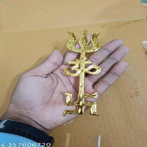 Metal Om Trishul Swastik Trishakti Yantra Door/Wall Hanging Brass