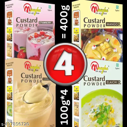 Maayka Premium | Combo of Custard Powder 100g x 4 Flavors (Vanilla, Strawberry, Mango, White Elaichi) - Total Weight 400 Gram