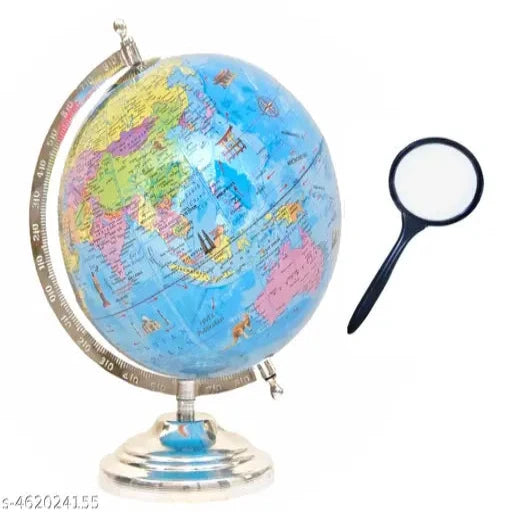 8 Inch Educational Chrome Finish World Globe with Magnifying Glass