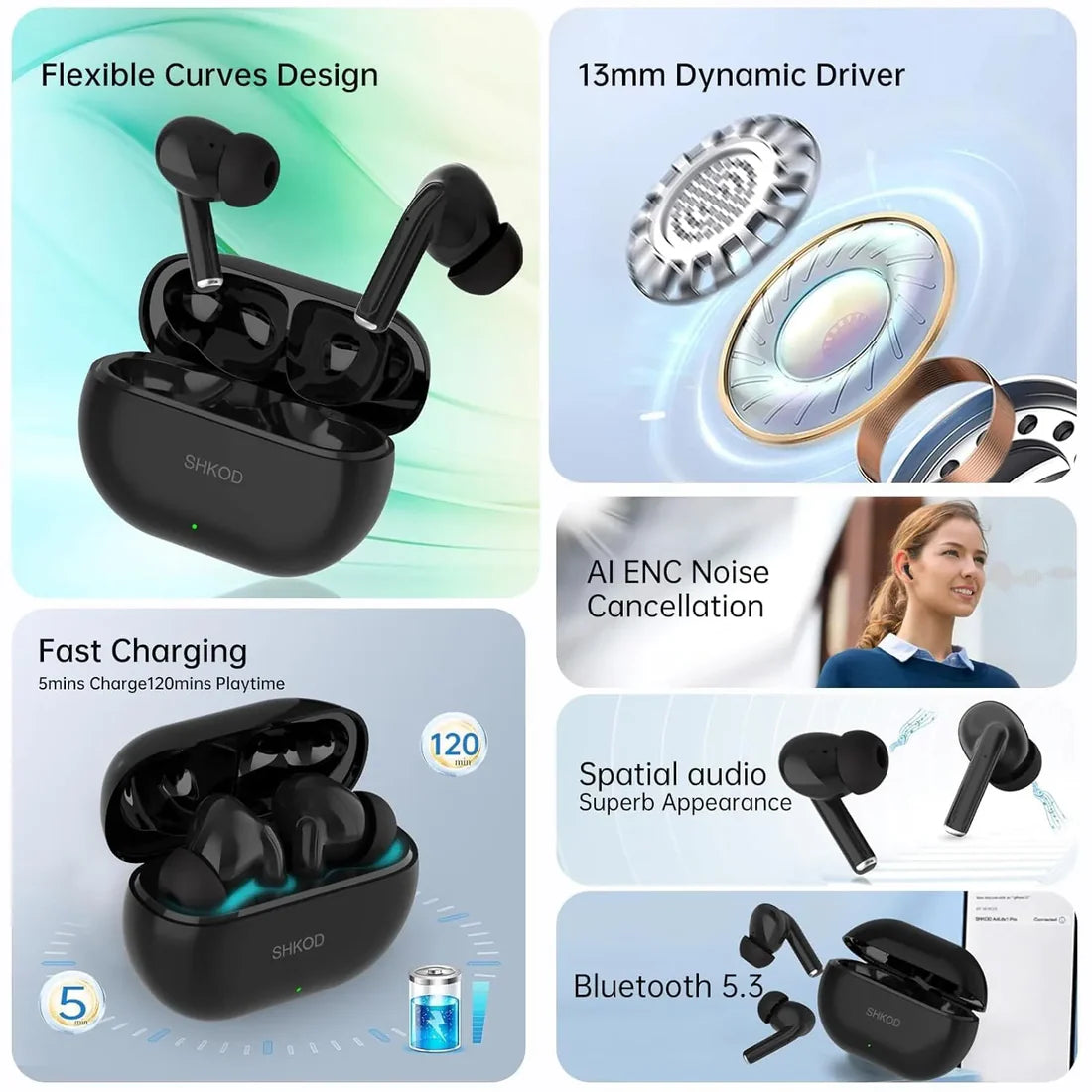 SHKOD AirLits1 Pro True Wireless in-Ear Earbuds with Mic, Bluetooth 5.3, Fast Charging (Black)