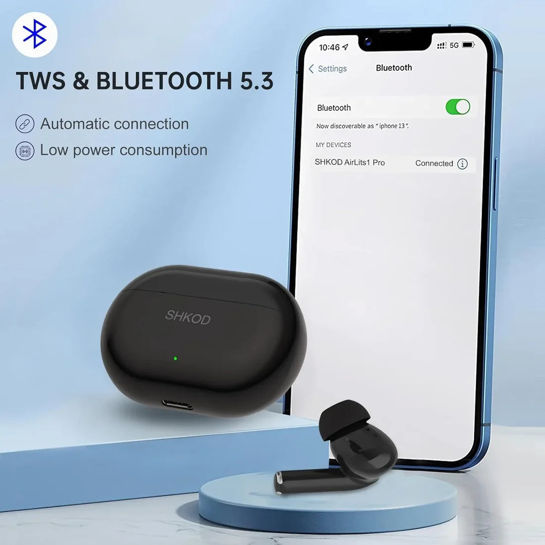 SHKOD AirLits1 Pro True Wireless in-Ear Earbuds with Mic, Bluetooth 5.3, Fast Charging (Black)