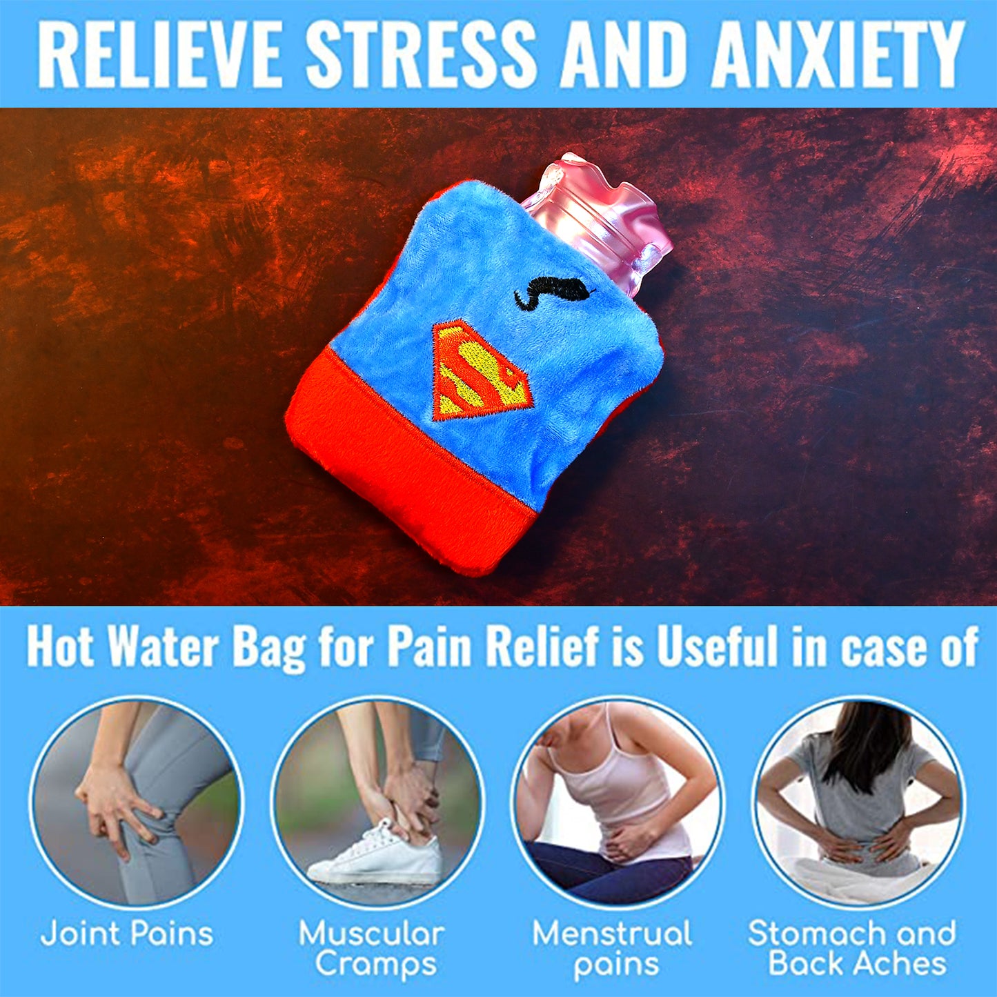 6530 Superman Print Small Hot Water Bag With Cover For Pain Relief Neck Shoulder Pain And Hand Feet Warmer Menstrual Cramps. - Springkart 