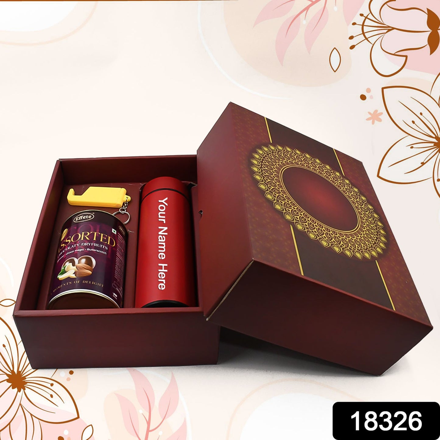 Personalized Temperature Water Bottle, 2in1 Keychain & Chocolate (With Attractive Multi Circle Box / 3 Pc Set) - Springkart 