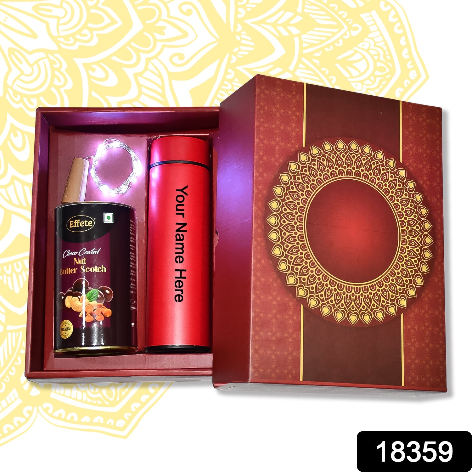 Personalized Temperature Water Bottle, Decorative Light& Chocolate (With Attractive Multi color Box / 3 Pc Set) - Springkart 