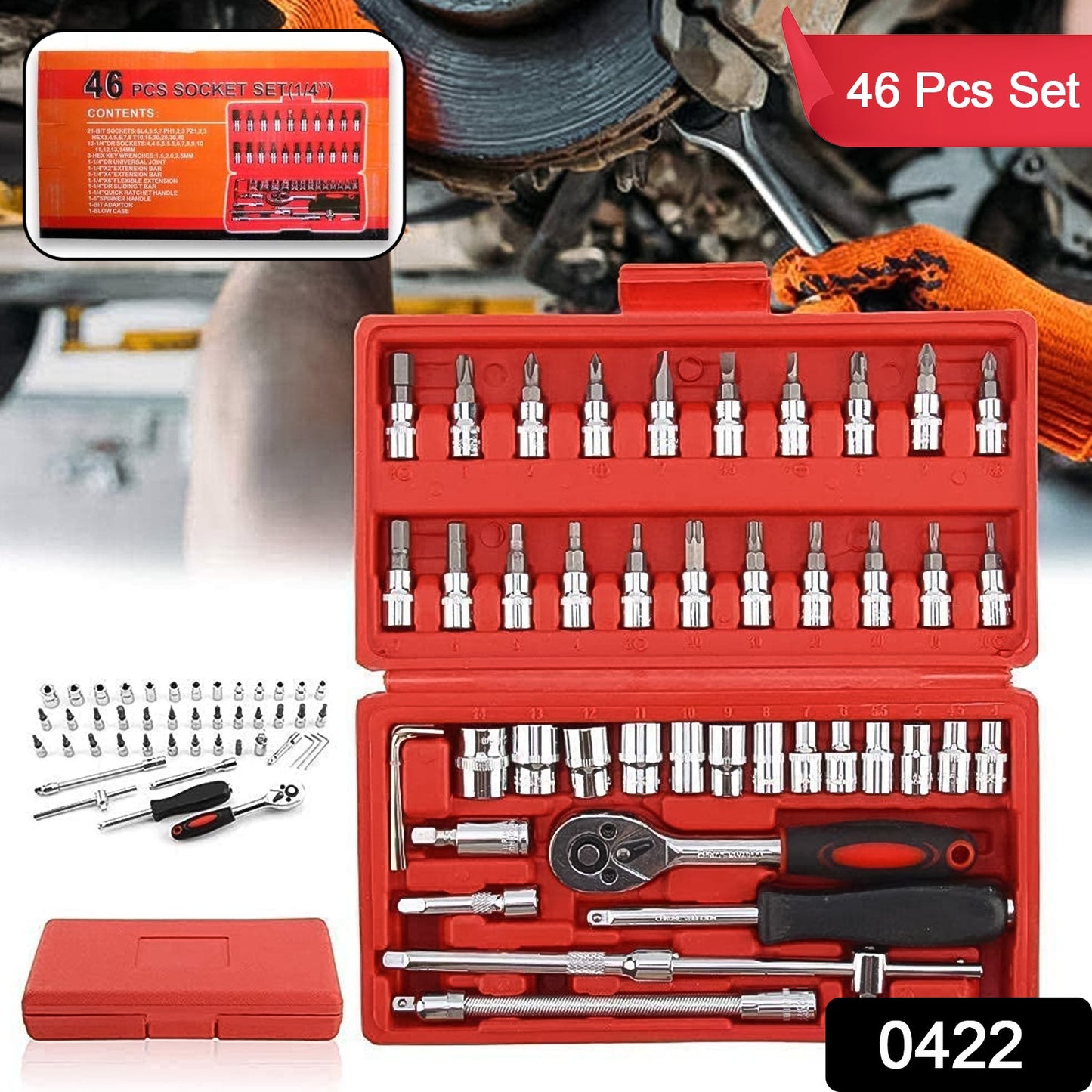 Socket 1 / 4 Inch Combination Repair Tool Kit (Red, 46 pcs) - Springkart 
