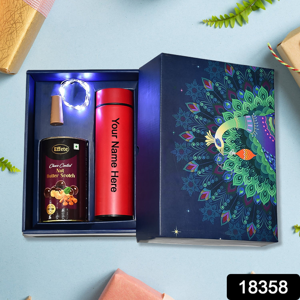 Personalized Temperature Water Bottle, Decorative Light& Chocolate (With Attractive Peacock Box / 3 Pc Set) - Springkart 