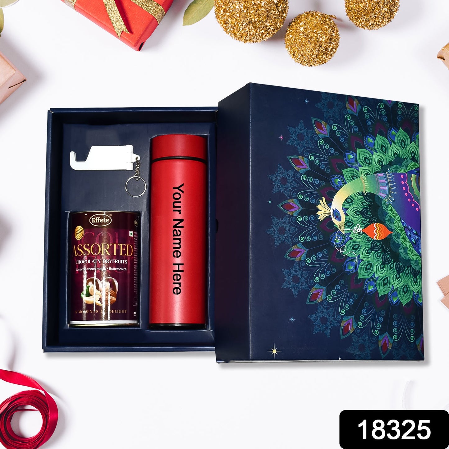Personalized Temperature Water Bottle, 2in1 Keychain & Chocolate (With Attractive Peacock Box / 3 Pc Set) - Springkart 