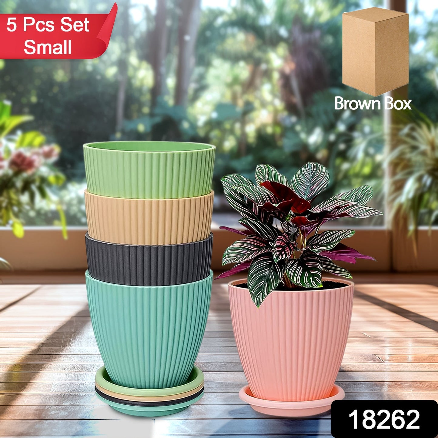 Round Flower Pot with Bottom Tray (5 Pcs Set / Small / 14×16 Cm) - Springkart 