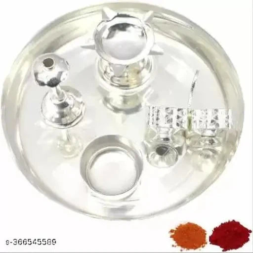 Festival Silver Plated Puja Thali Set 6 Inch, Classic Occasional Gift, Pooja Thali Decorative, Wedding Return Gift Silver Plated (Silver)