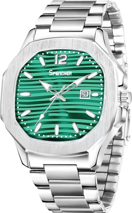 Spencher Nautilus Date Working Square Green Dial Silver Quartz Mechanism Watch For Boys Analog Watch  - For Men Sp4568