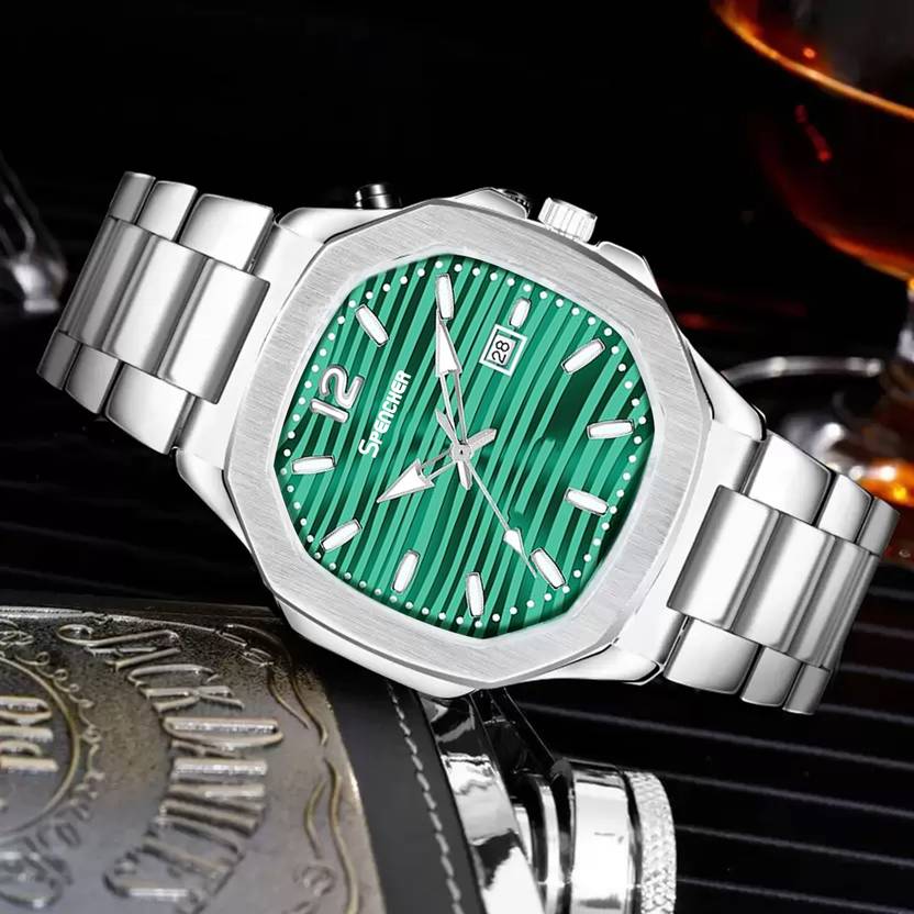 Spencher Nautilus Date Working Square Green Dial Silver Quartz Mechanism Watch For Boys Analog Watch  - For Men Sp4568