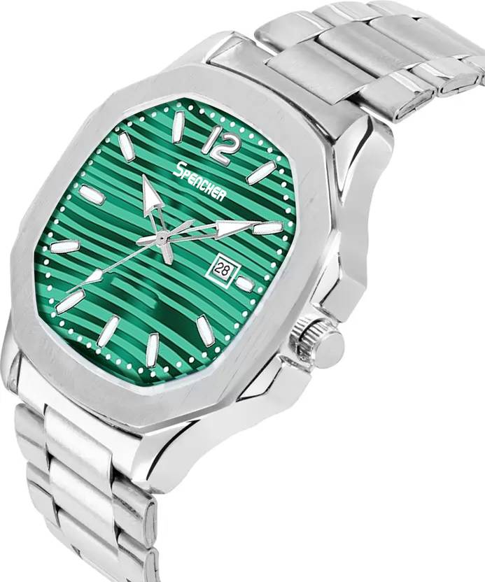 Spencher Nautilus Date Working Square Green Dial Silver Quartz Mechanism Watch For Boys Analog Watch  - For Men Sp4568