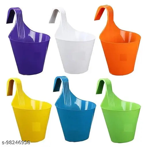 Plastic Single Hook Hanging/Railing Pot Planter Flower Pots, Multicolour Set (Pack of 6)-Medium Size