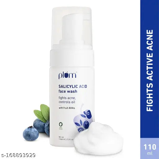 Plum 1% Encapsulated Salicylic Acid Foaming Face Wash with Glycolic Acid, Fruit AHA's & Blueberry Extracts | Fights Acne, Blackheads & Breakouts | For Men & Women | Sulphate-Free | 100% Vegan | 110 ml