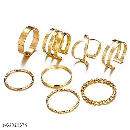 Stunning 8pcs Gold Plated 8 Piece Trendy Dailywear Western Designs Ring Set For Women and Girls.