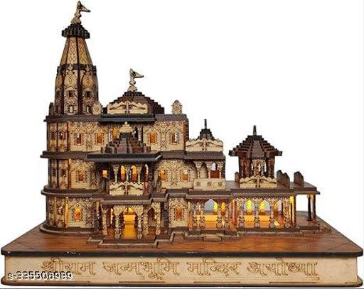 Wooden LED Lights Temple Shri Ram Mandir Ayodhya 3D Decorative Showpiece - Springkart 